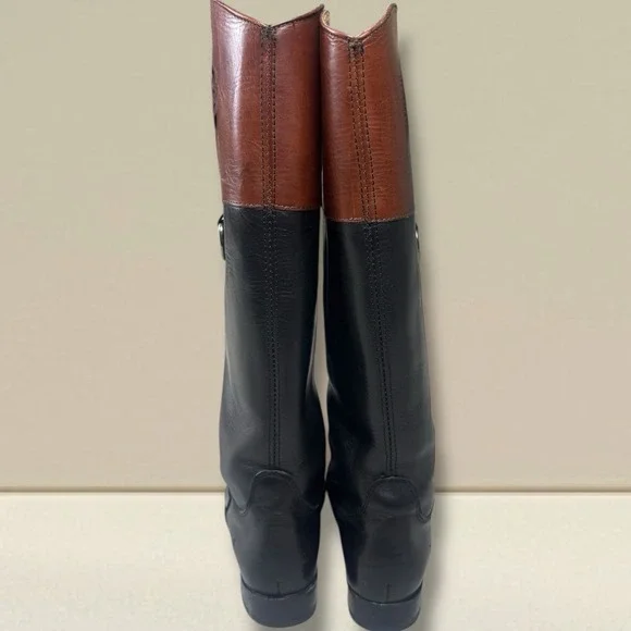 Frye Melissa Logo Black & Brown Leather‎ Knee High Boots 76436 Women's 6.5 B